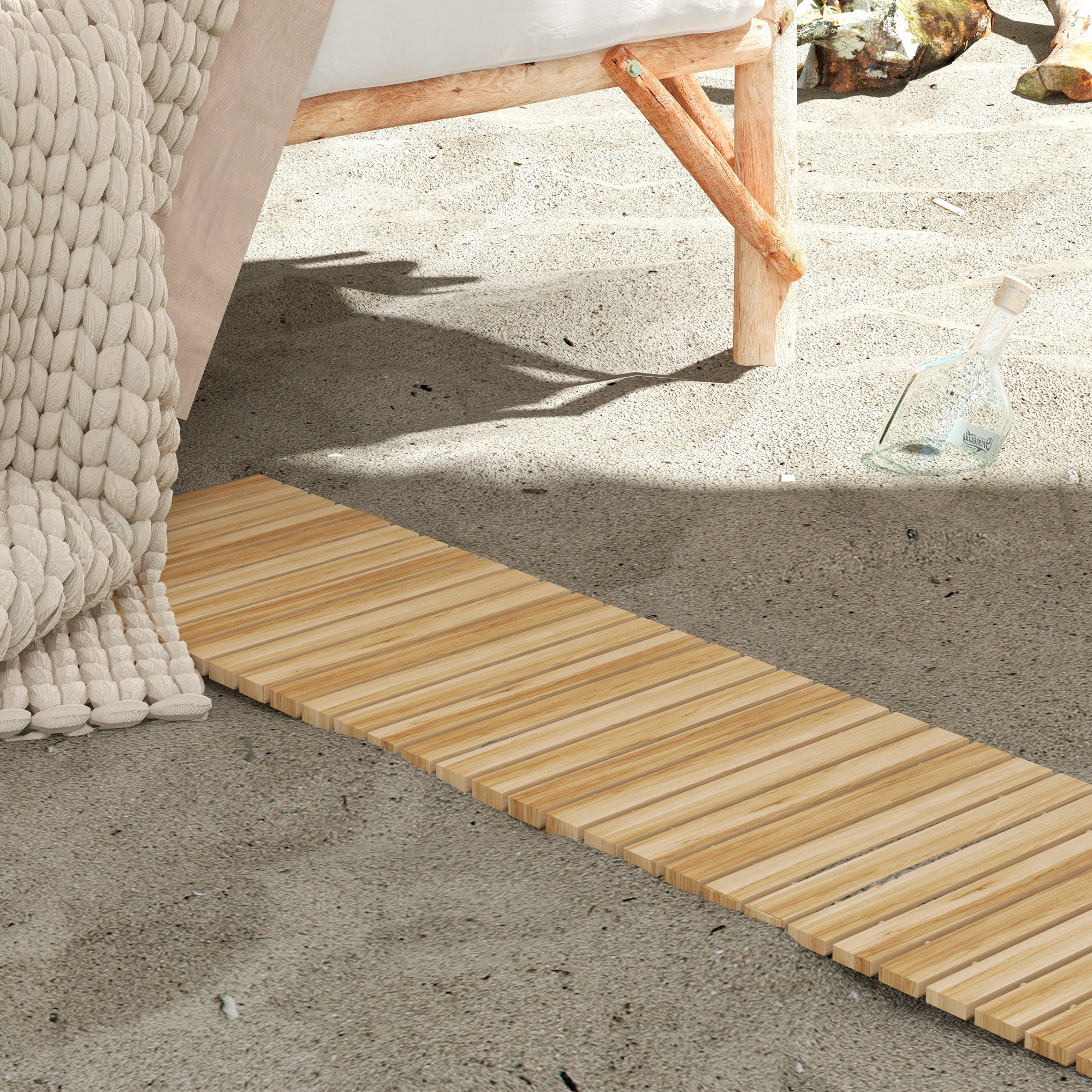 Caminho de madeira Outsunny para jardim, 120x38 cm, reto e enrolável, resistente às intempéries, decorativo, ideal para praia, casamentos e festas. Cor natural.