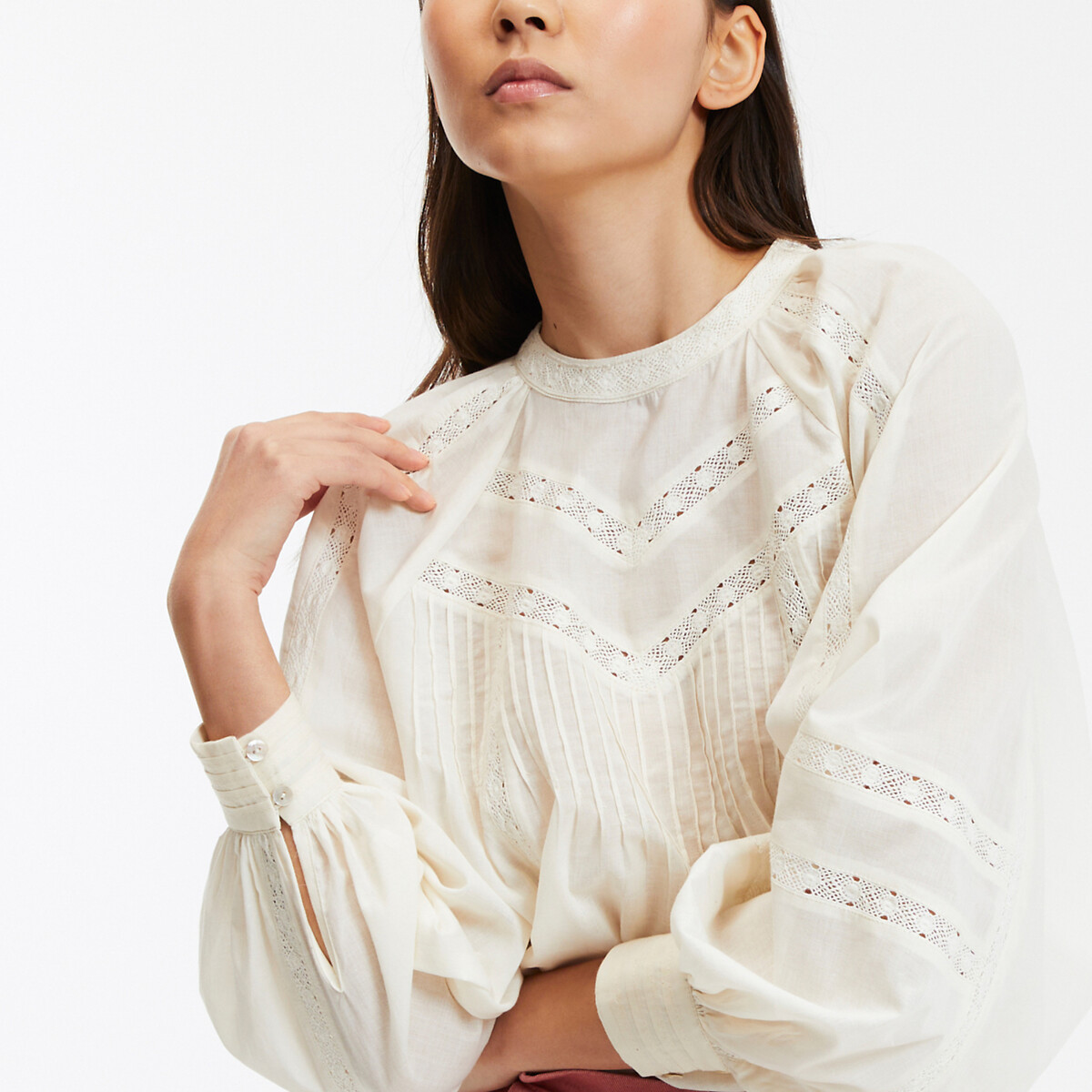 COLEÇÕES LA REDOUTE<br>Blusa com gola redonda, voile de algodão e bordado