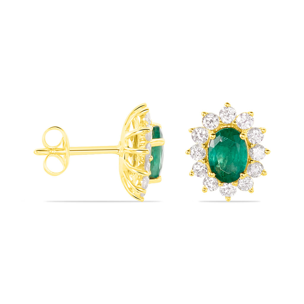 Boucles D'oreilles Puces Vladimir Or Jaune Diamant Et Emeraude