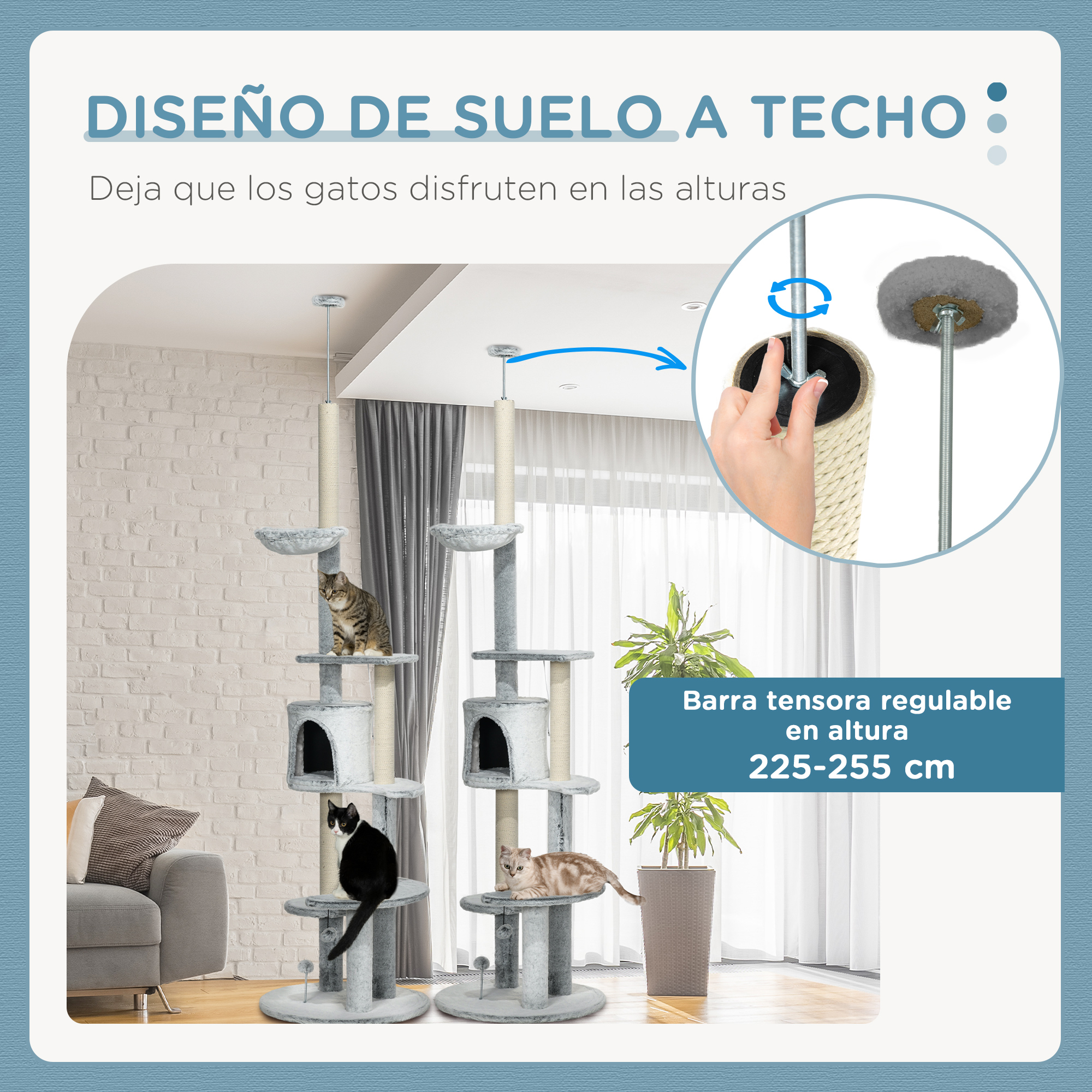 Árvore para gatos PawHut do chão ao teto, torre ajustável em altura de 225 a 255 cm com caverna, plataformas, rede, postes para arranhar e bolas penduradas, Ø60x225-255 cm, cinza