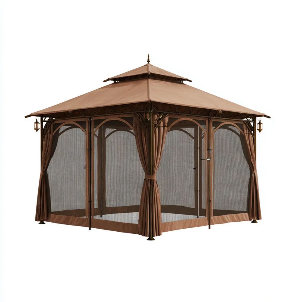 Gartenpavillon aus Stahl 3x3x2,7 m – Braun – Mit Moskitonetz