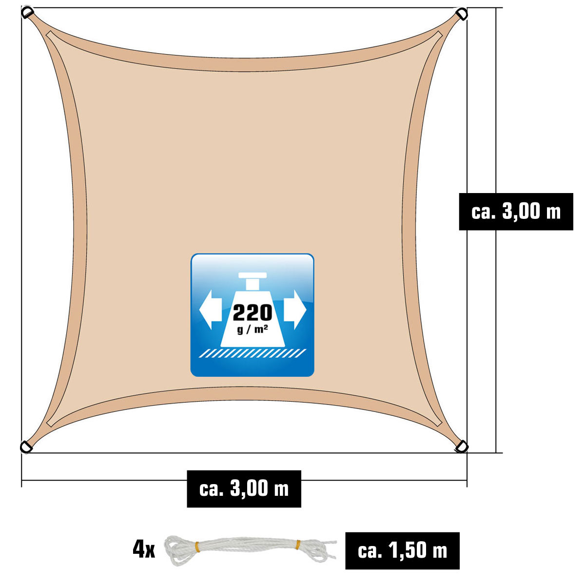 AMANKA 3x3 Beige Luchtdoorlatend UV Schaduwdoek