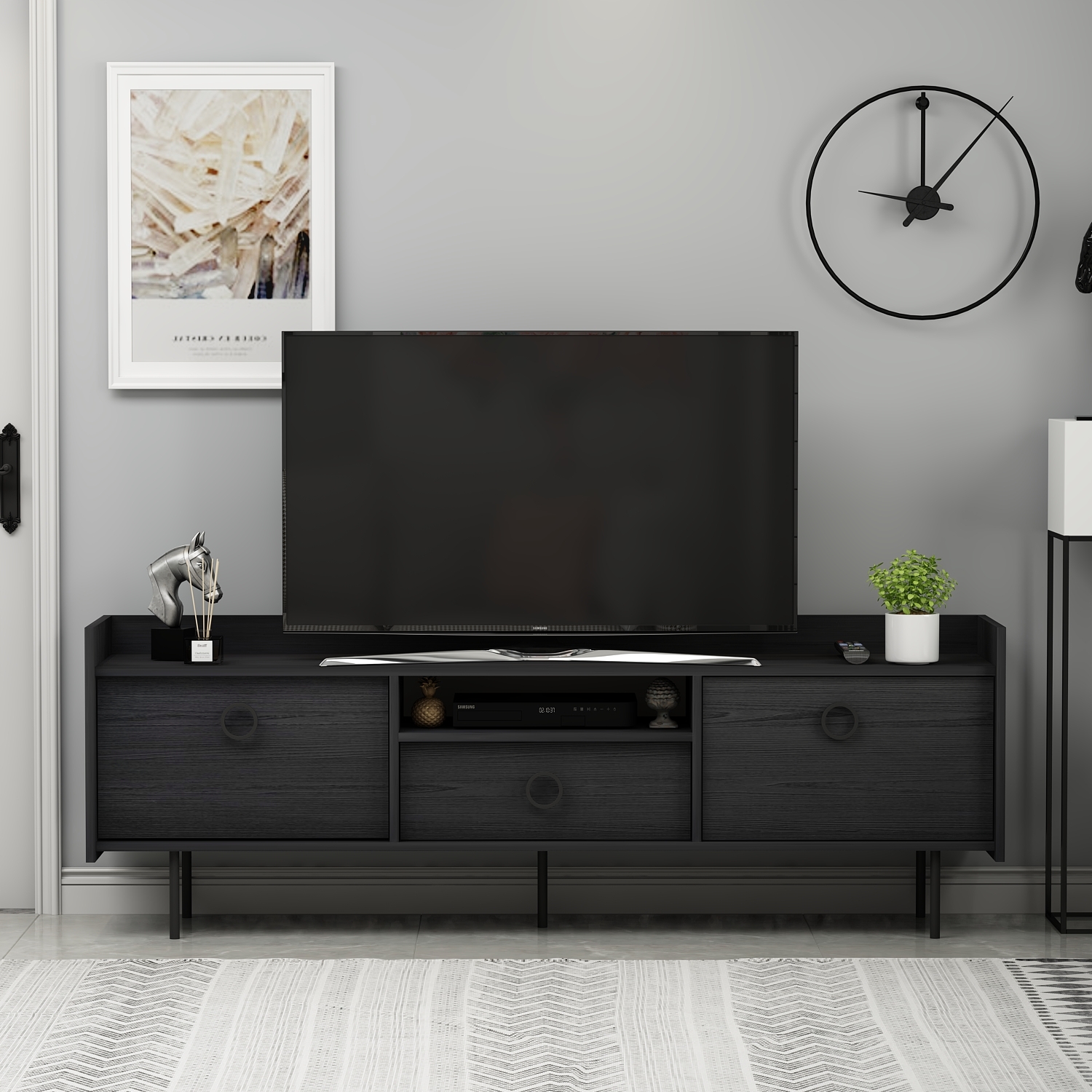 TV-Lowboard - schwarz - 3-türig - 184 cm