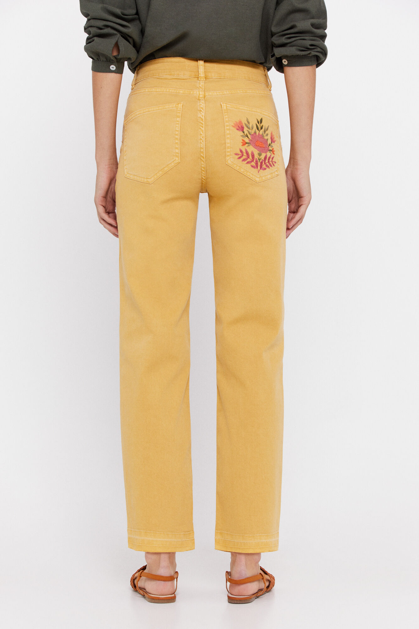Calça jeans cropped reta bordada - Dourada
