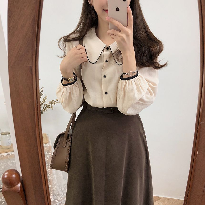 Tangihouse - V-hals gebreid vest / babydoll blouse met lange mouwen / effen midi-rok (diverse ontwerpen)