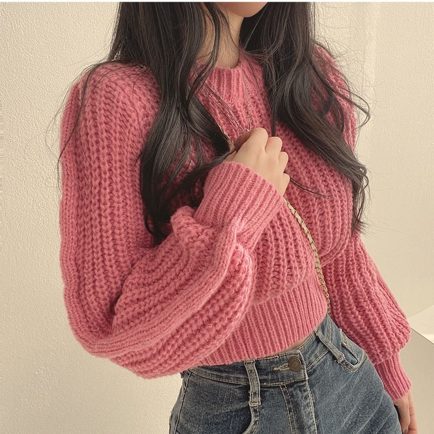 Rosesand - Effen cropped trui met pofmouwen
