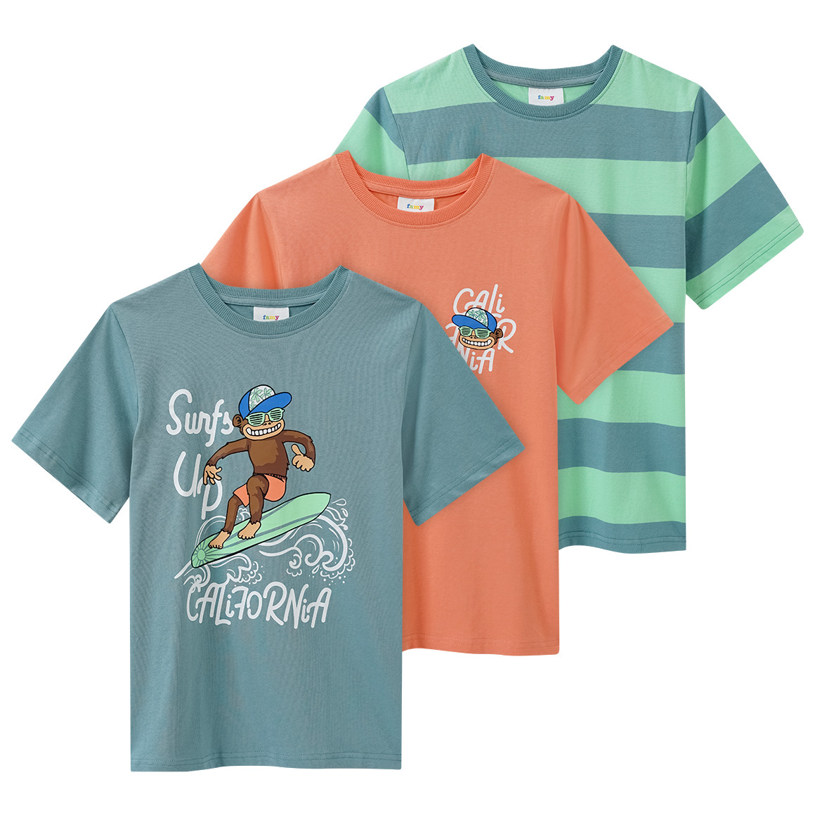 Famy 3 Jungen T-Shirts in verschiedenen Dessins dunkelgrün / hellgrün / orange