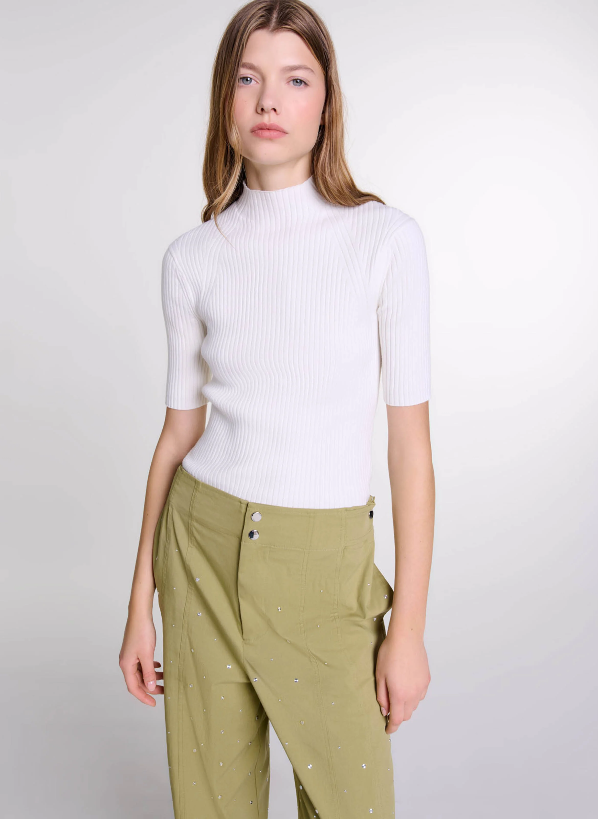 Top col rond en coton mélangé | Beige