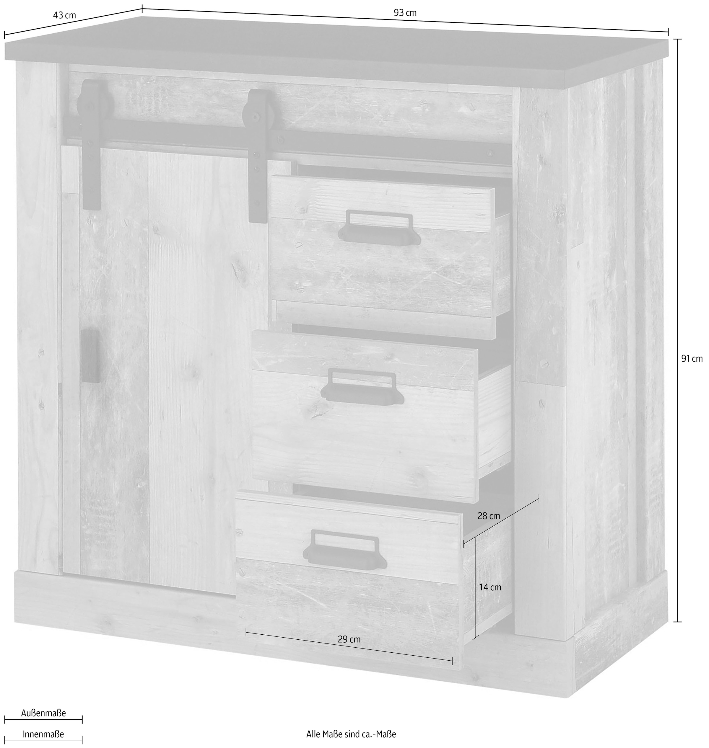 Home affaire Kommode »SHERWOOD« Holz Dekor, mit Scheunentorbeschlag und Apothekergriffen, Breite 92 cm