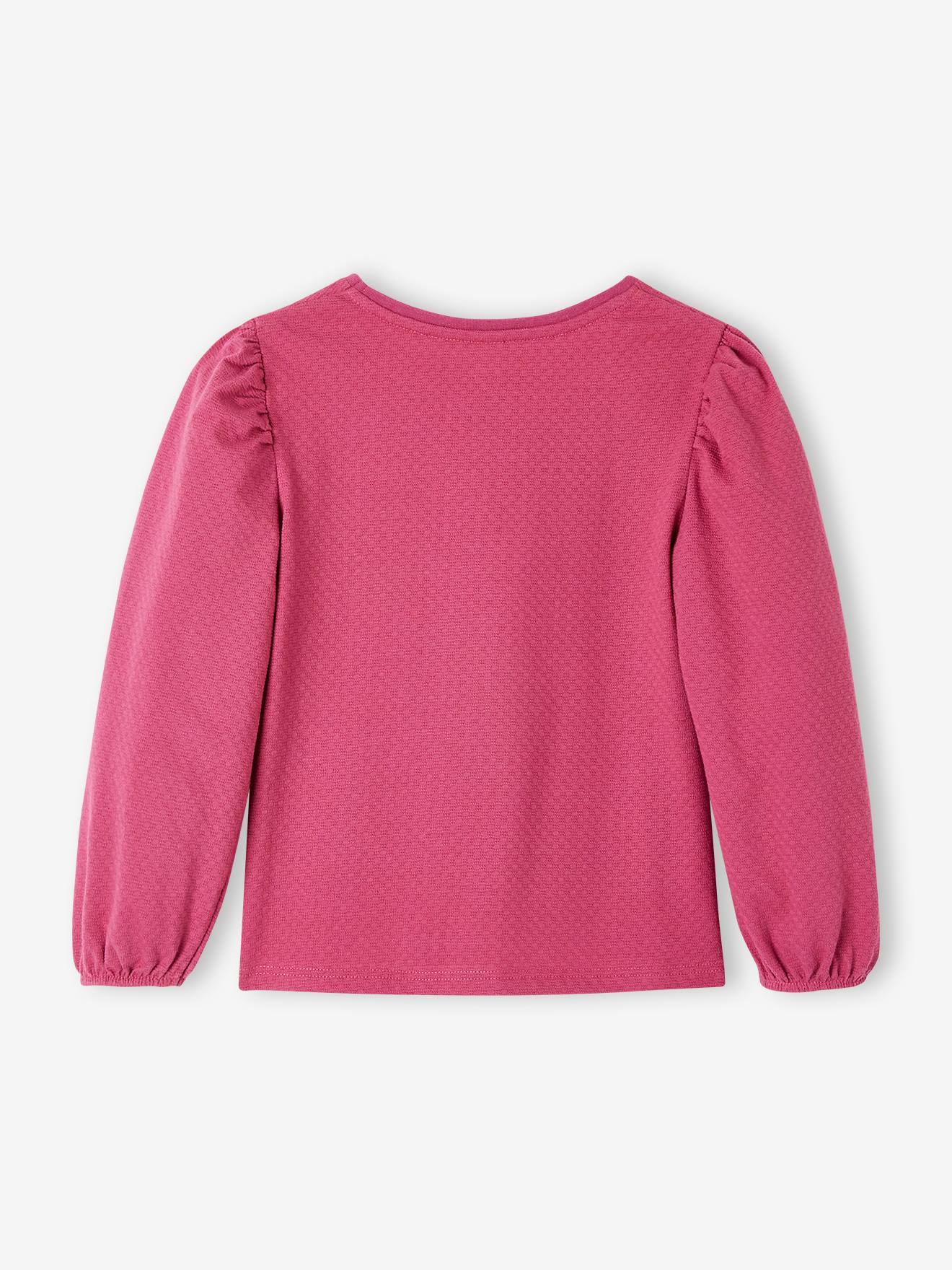Camiseta lilás claro com textura sofisticada e mangas compridas bufantes para meninas.
