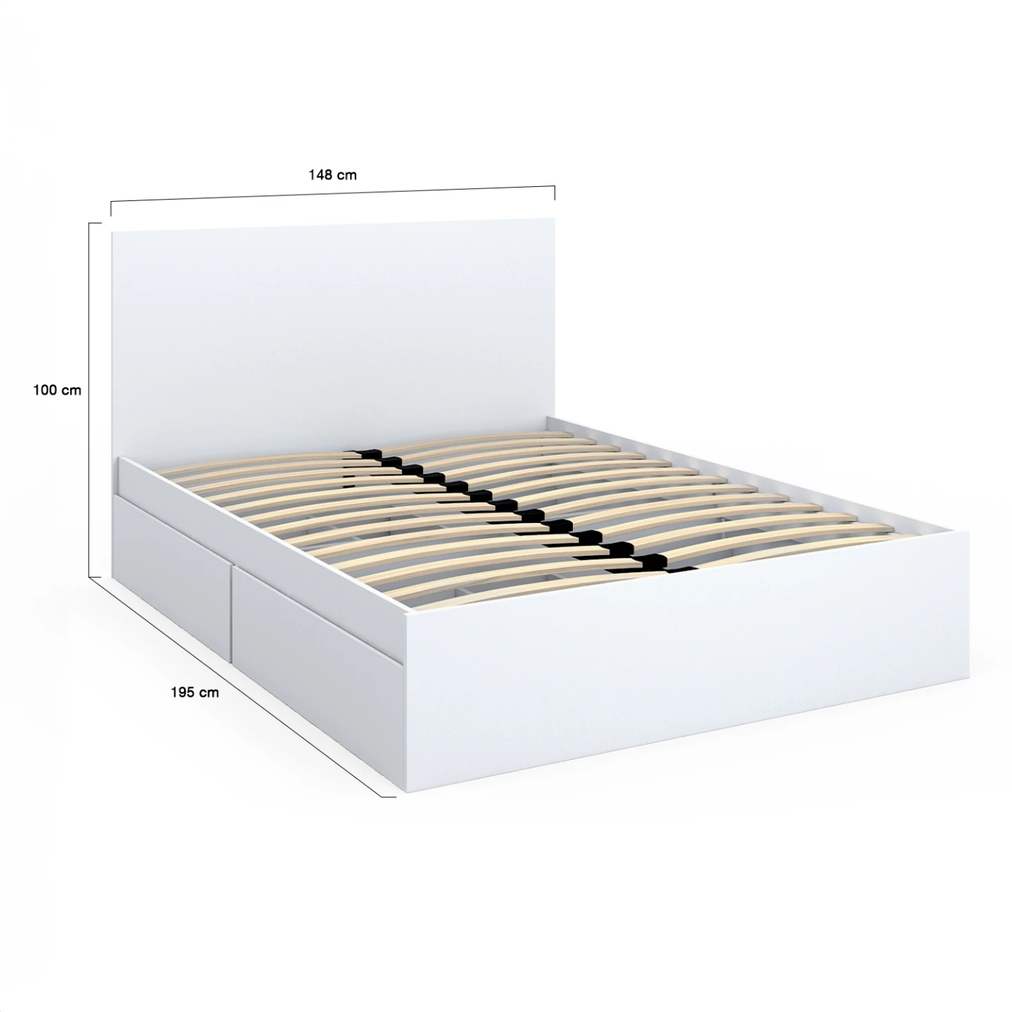Lit double OMAHA 4 tiroirs sur roulettes avec tête de lit et sommier 140 x 190 cm blanc