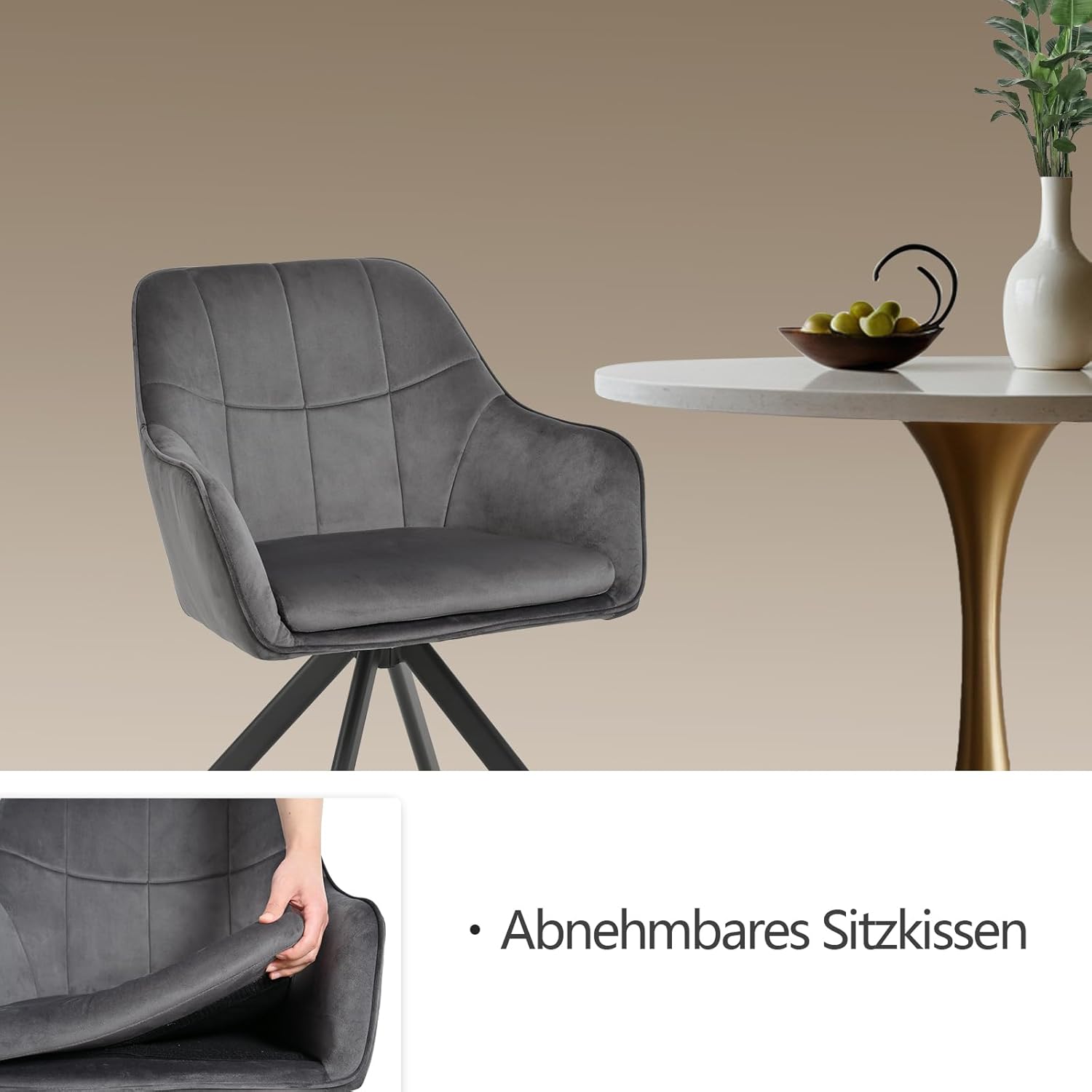 Esszimmerstühle drehbar 6er Set Grau Armlehnenstuhl Polsterstuhl drehstuhl Esszimmer drehstühle aus Samt Küchenstuhl mit Metallbeine für Wohnzimmer Esszimmer