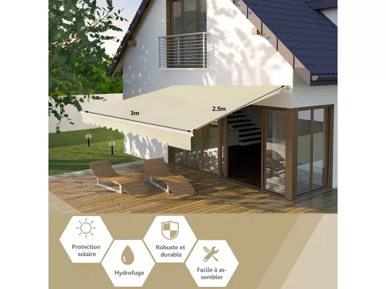 Store Banne de Balcon Rétractable avec Tissu et velours Résistant aux UV et à l'eau, Cadre en Aluminium Angle Réglable 5-35° , 3 x 2,5 m