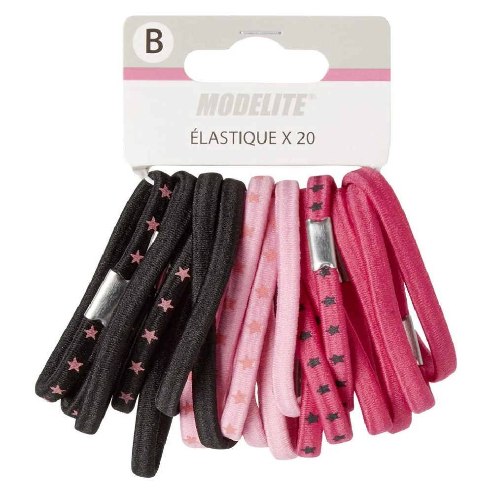Élastique latex uni imprimé noir rose x20