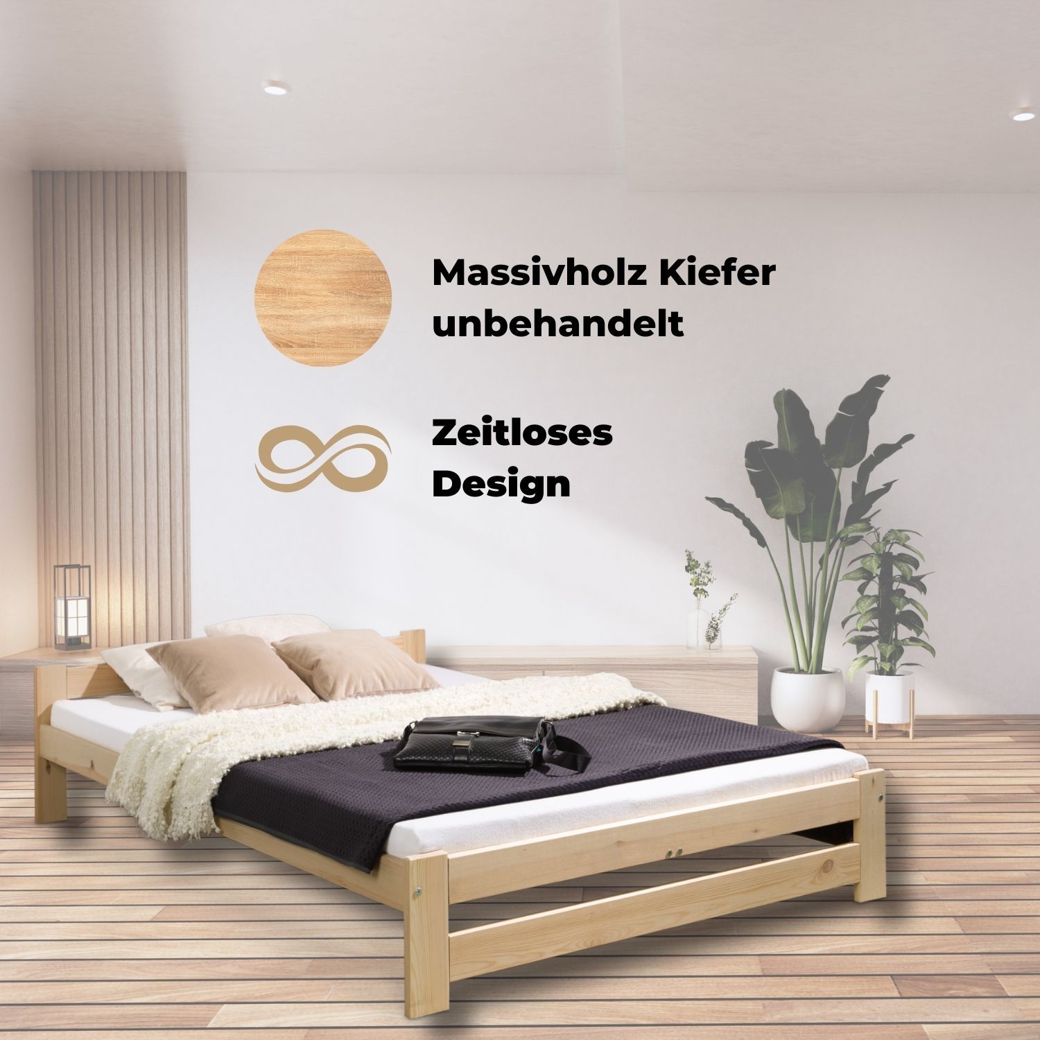 Coemo Bett Classico Holzbett Bettgestell mit Lattenrost Massivholz Kiefer 180x200 cm natur