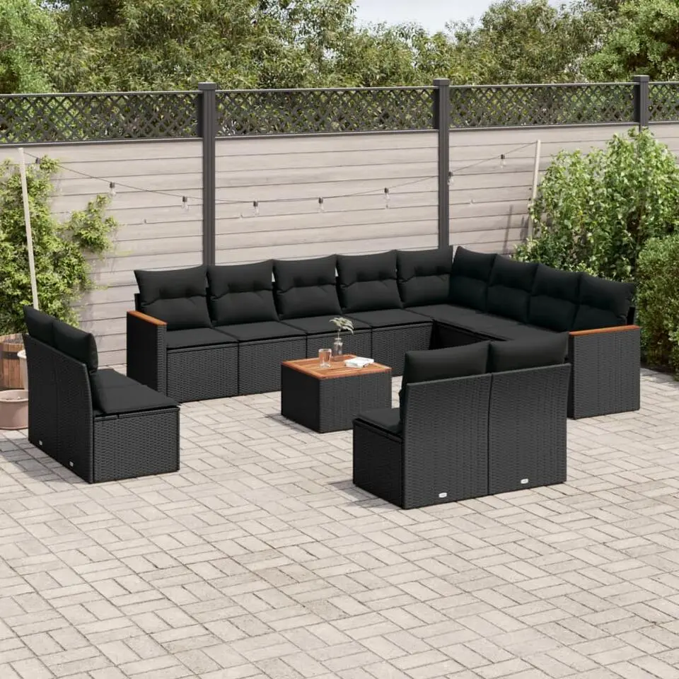 vidaXL - Loungeset - Zwart - Poly rattan - 13 stuks - Met kussens