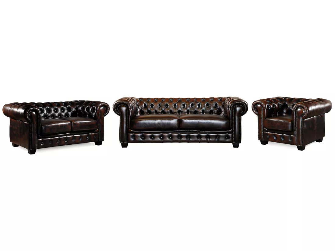 Canapés chesterfield 3 places 2 places et un fauteuil BRENTON 100% cuir de buffle - Marron reflets châtains