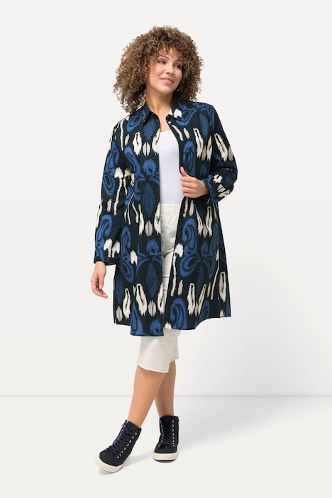 Longbluse, grafischer Druck, A-Linie, Hemdkragen, Langarm
