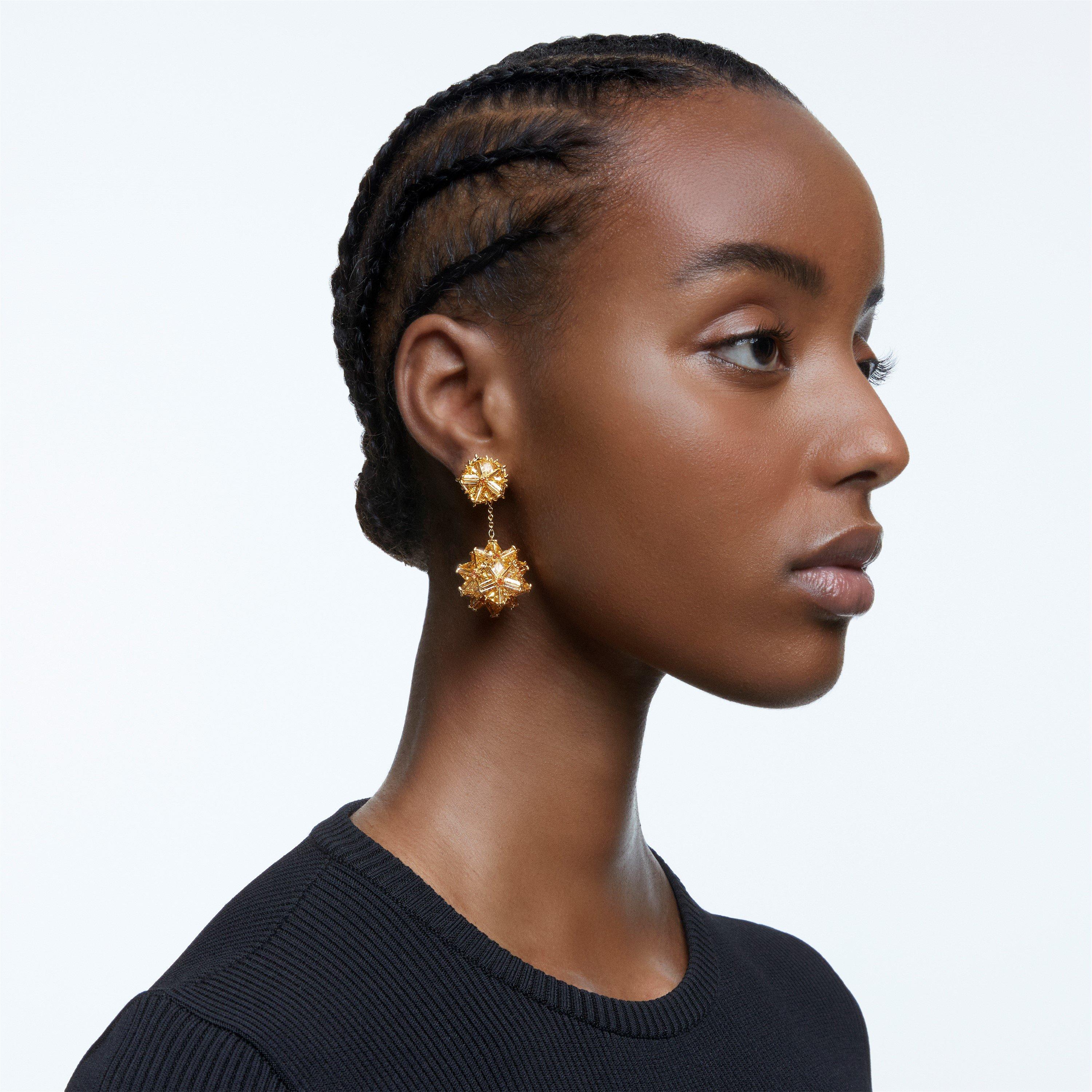 Swarovski Curiosa drop earrings, Geometric cut, Orange, Gold tone plated