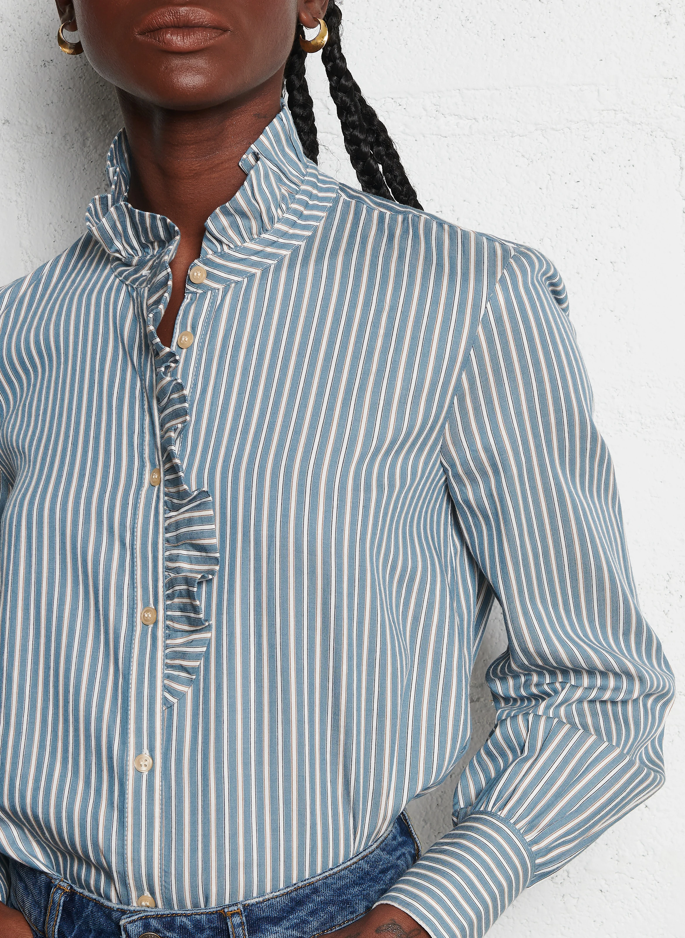 HEKA - Chemise ample à col montant volanté | Bleu