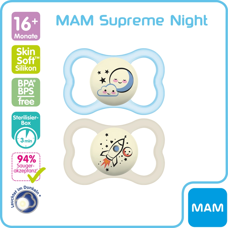 MAM Supreme Night Silikon, ab dem 16. Monat 2 Stück MondRakete in blaubeige