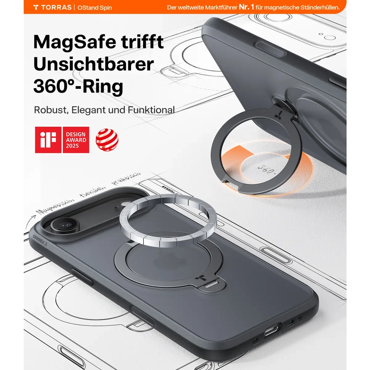 iPhone Air Ostand 360° Spin MagSafe Hybrid Hardcase Hülle Ring Stand   Kickstand - Schwarz