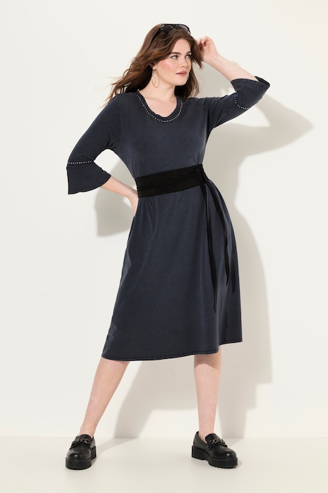 Jerseykleid, Rollkanten, A-Linie, V-Ausschnitt, 3/4-Arm