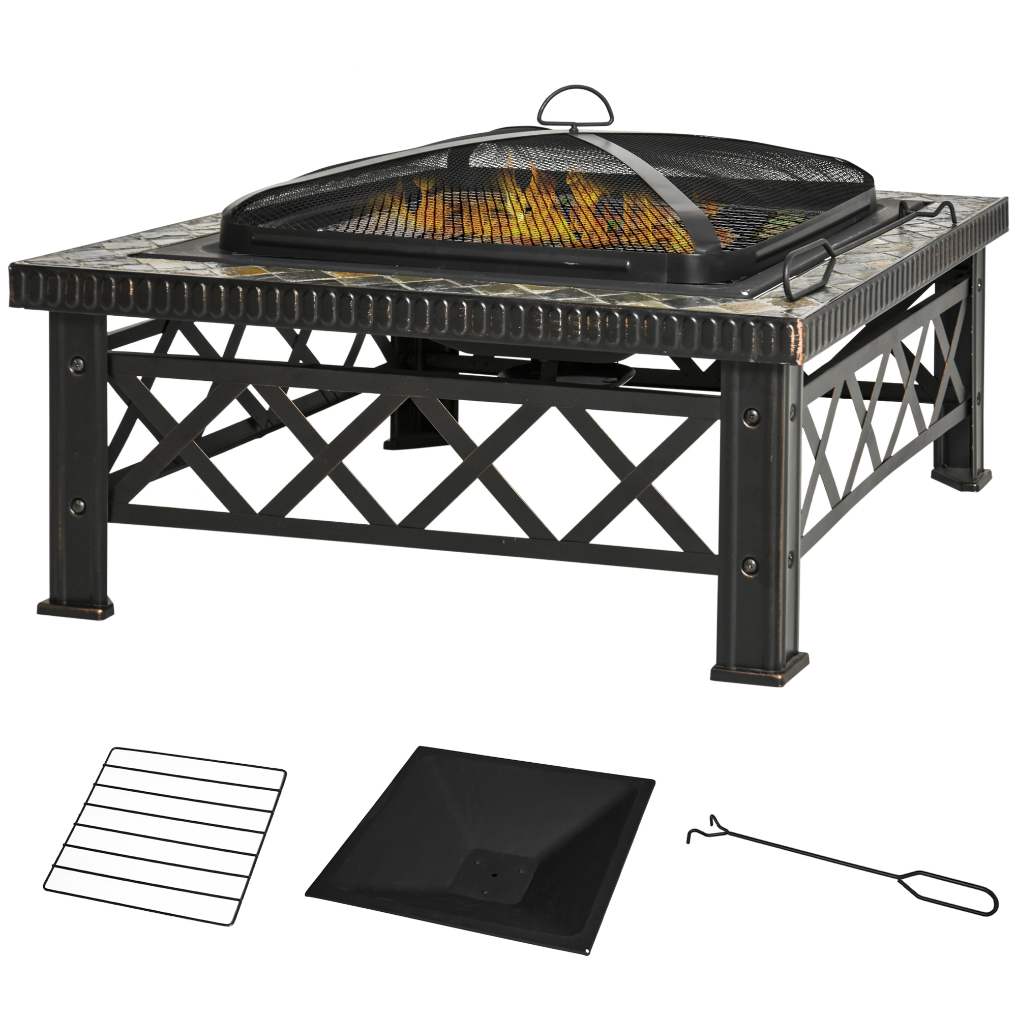 Aquecedor de lareira externa Outsunny 76x76x47 cm multifuncional 3 em 1, com balde de gelo quadrado, novo estilo para aquecimento de churrasqueiras, terraços e jardins, preto.