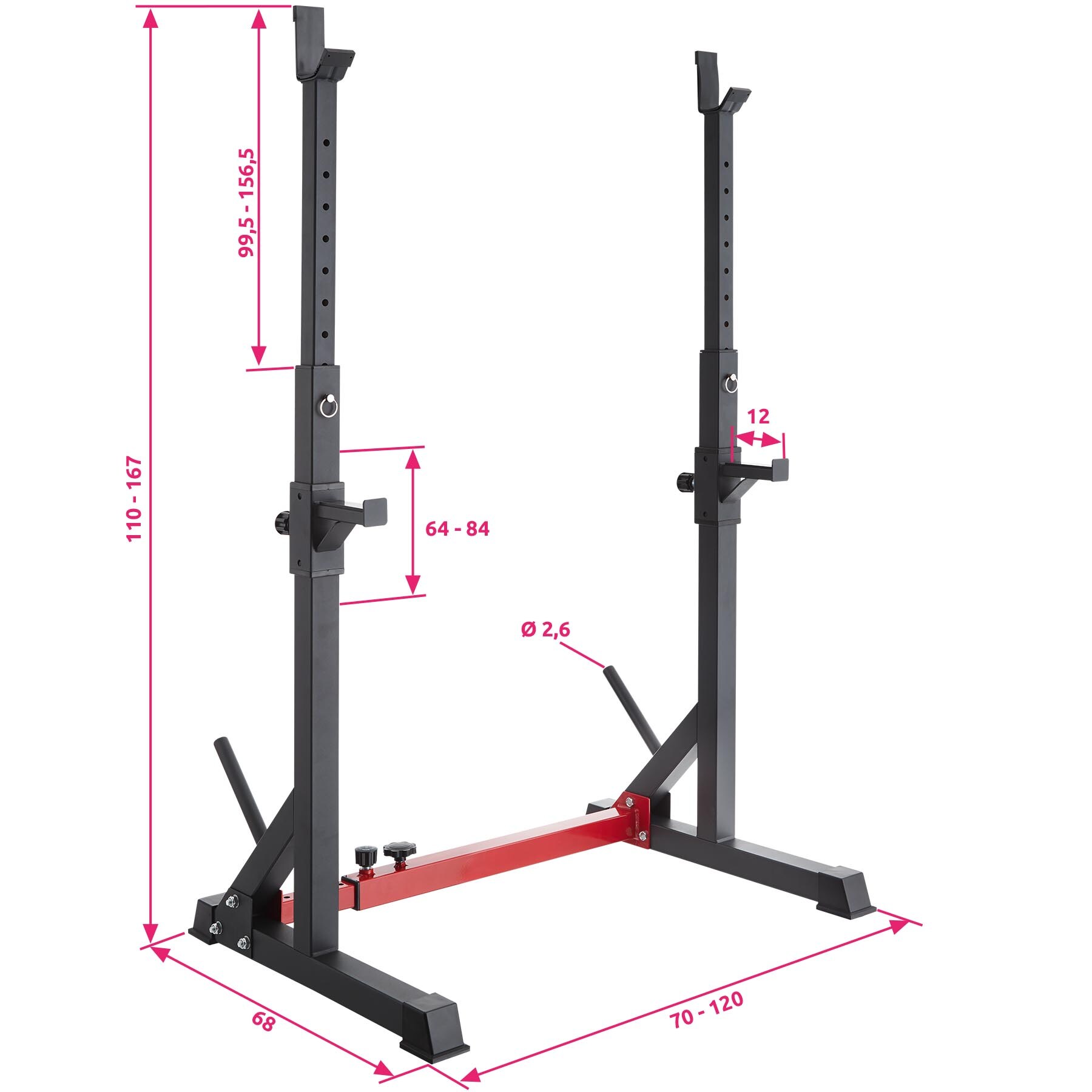 tectake® Squat Rack, multifunktional, Höhe und Breite verstellbar, bodenschonende Kunststoffkappen, inklusive 2 Aufnahmen für Hantelscheiben