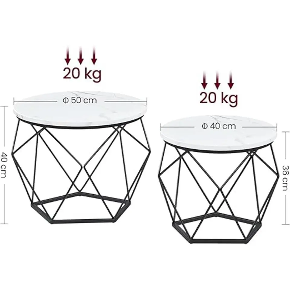 Parya Home Ronde salontafels, set van 2 bijzettafels wit en zwart