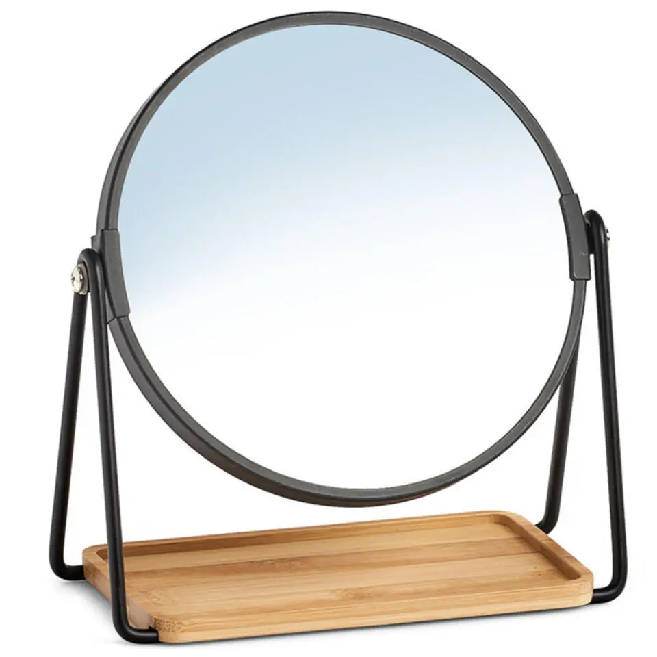 Make-up spiegel metaal/bamboe 17,5 x 20,5 cm