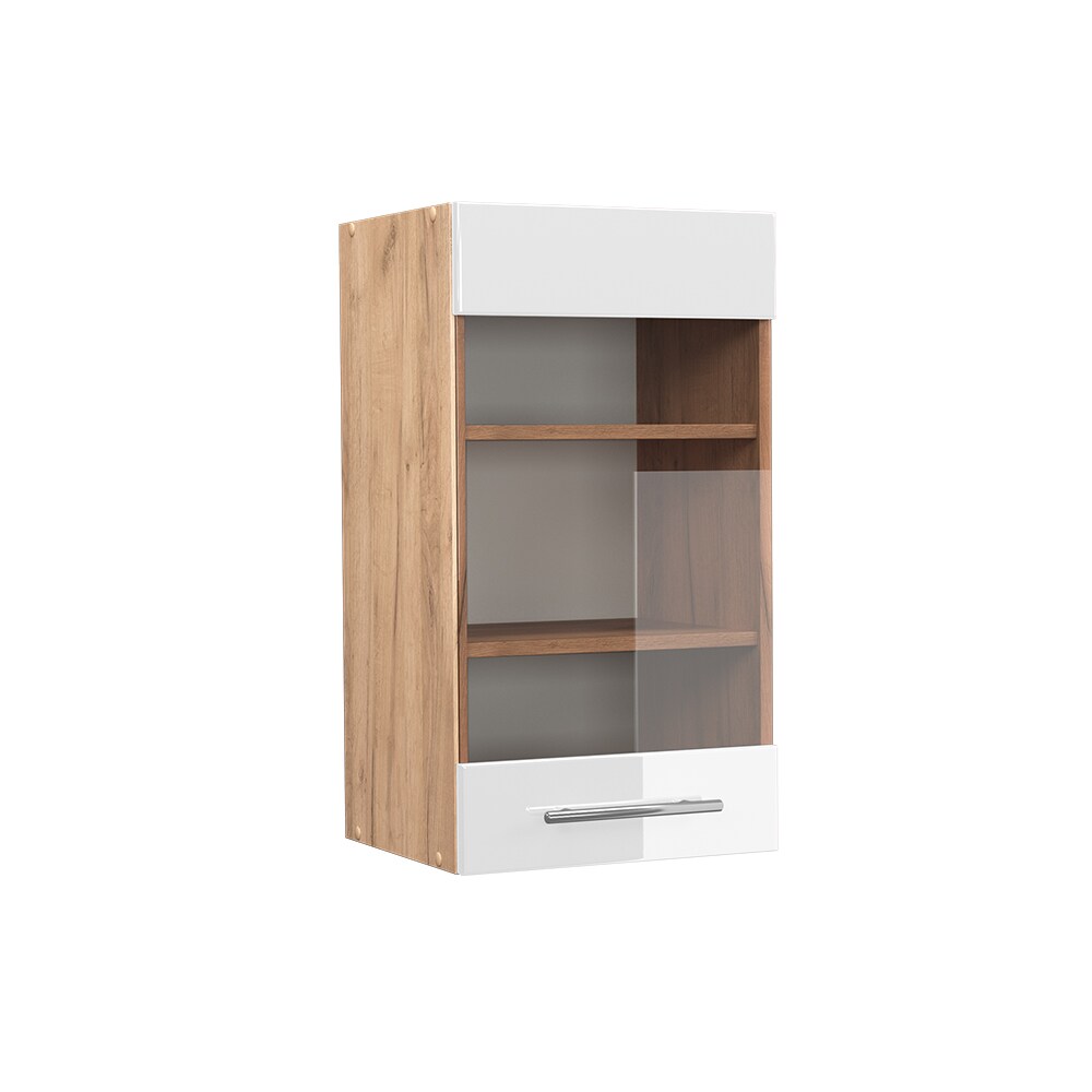 Vicco Hängeglasschrank Küchenschrank Küchenmöbel Fame-Line Eiche Weiß modern 40 cm Küche Einbauküche Hängeschrank Glasschrank Drehtür Einlegeboden Küchenzeile Hochglanz