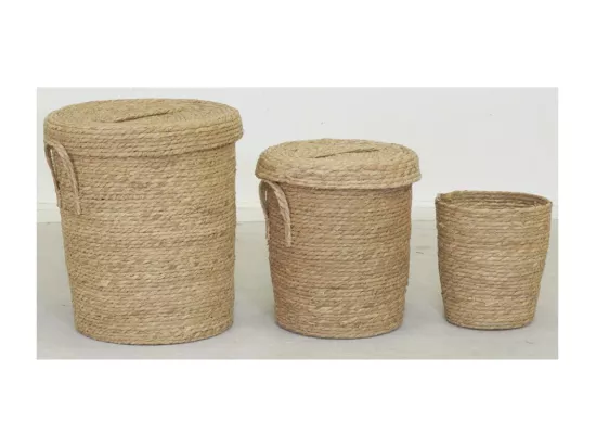 Lot 2 coffres + 1 poubelle en jonc naturel