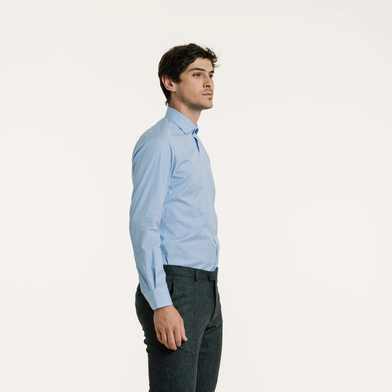 Double-twisted poplin shirt with blue stripes