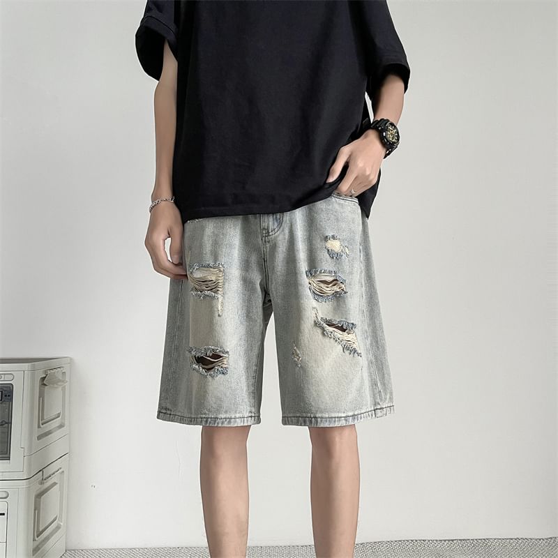 Lorencho - Mid Rise Distressed Washed Denim Shorts