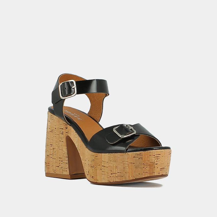 Sandales à boucles et plateformes  en cuir glacé noir