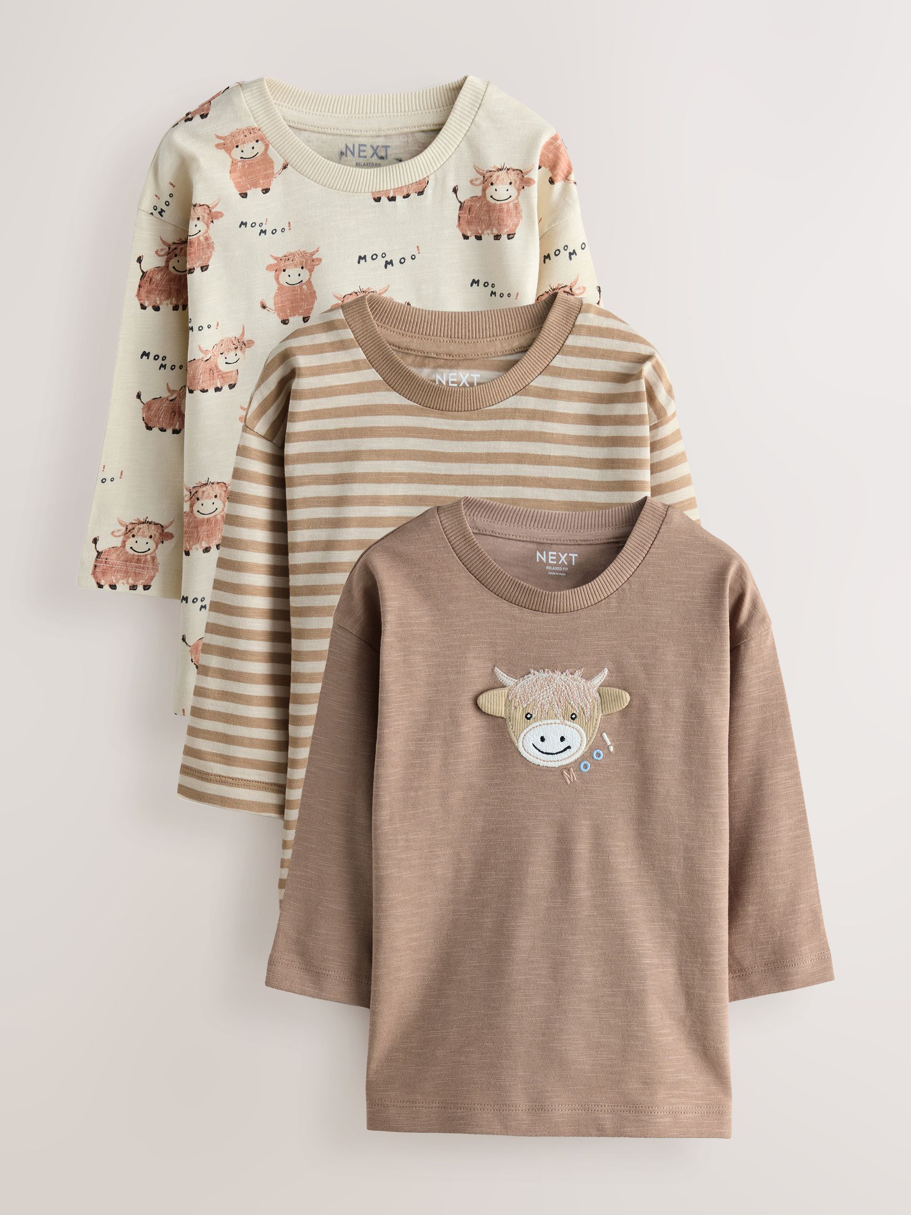Naturel Lichtbruin Hamish - T-shirts met lange mouwen en dierenfiguurprint verpakking van 3 (3 mnd - 7 jr)