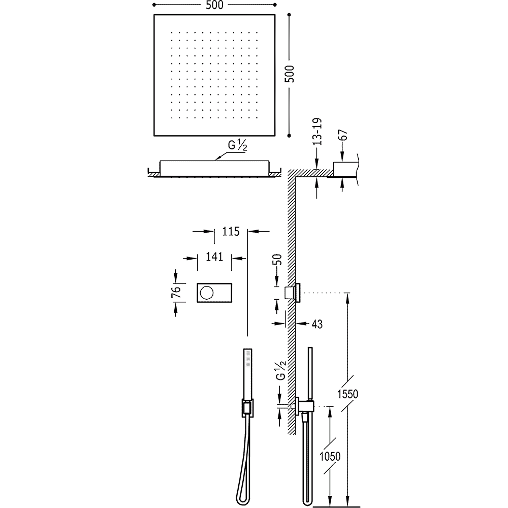 Tres Shower Technology elektronische inbouwthermostaat met regendouche 50x50cm en handdouche mat zwart