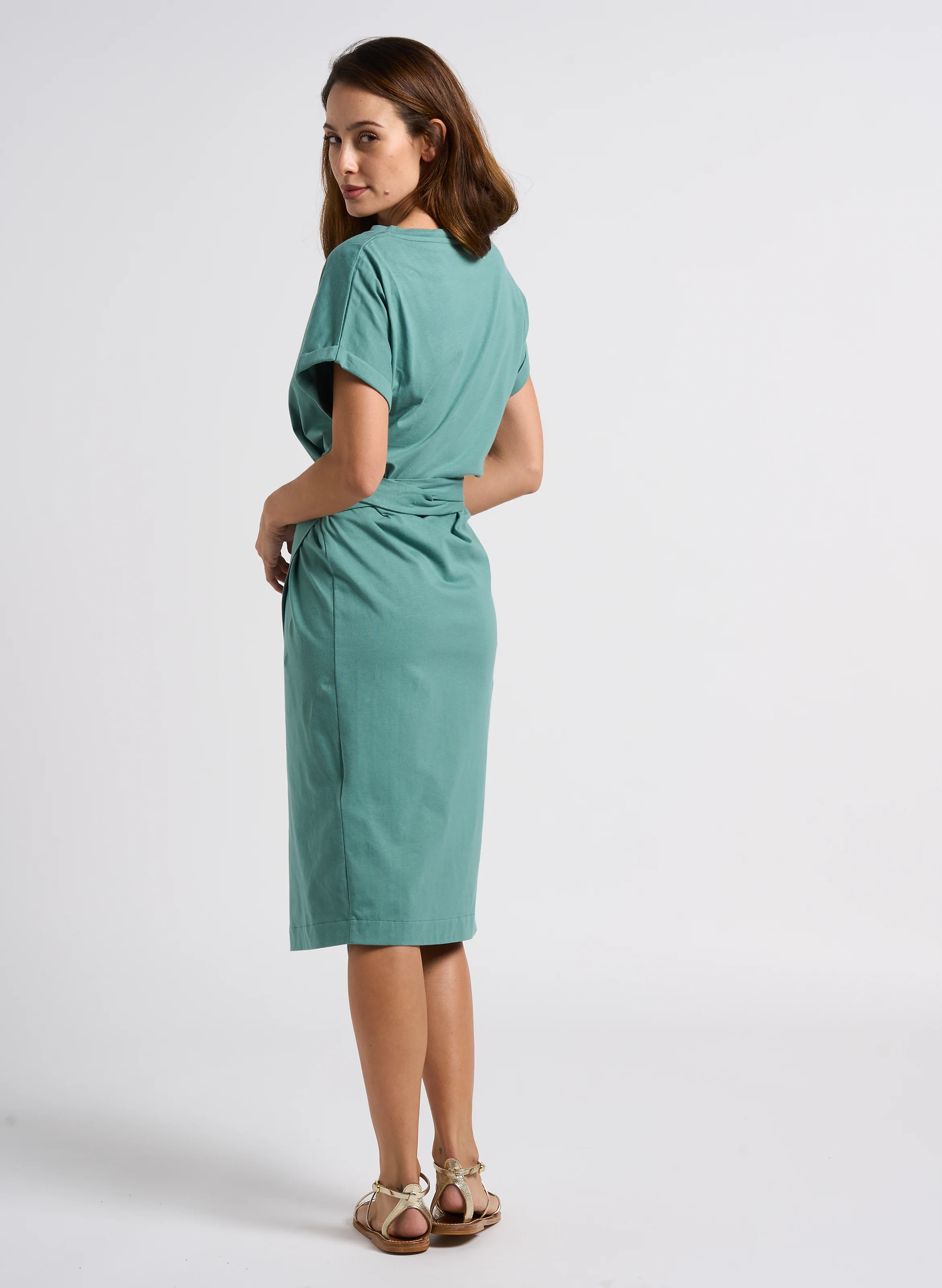 RAINBOW - Robe midi portefeuille col rond en coton | Vert