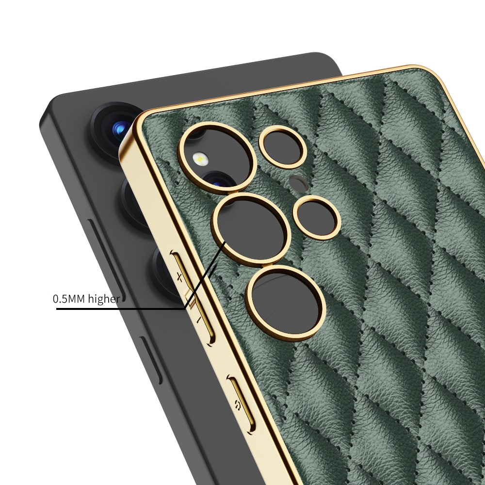 Samsung Galaxy S25 Ultra Leder Hardcase Hülle mit Galvanisiertem Rahmen   Kameraschutz Steppmuster - Schwarz / Gold