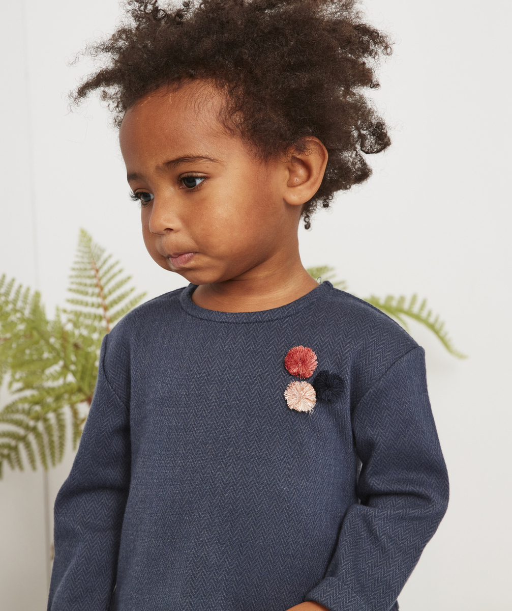 ROBE AVEC PULL INTÉGRÉ BLEU MARINE BÉBÉ FILLE AVEC POMPONS COLORÉS