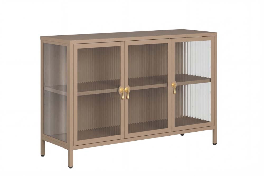 Modernes Sideboard AMSTERDAM 105cm greige gold Riffelglas Metall Vitrine Schrank