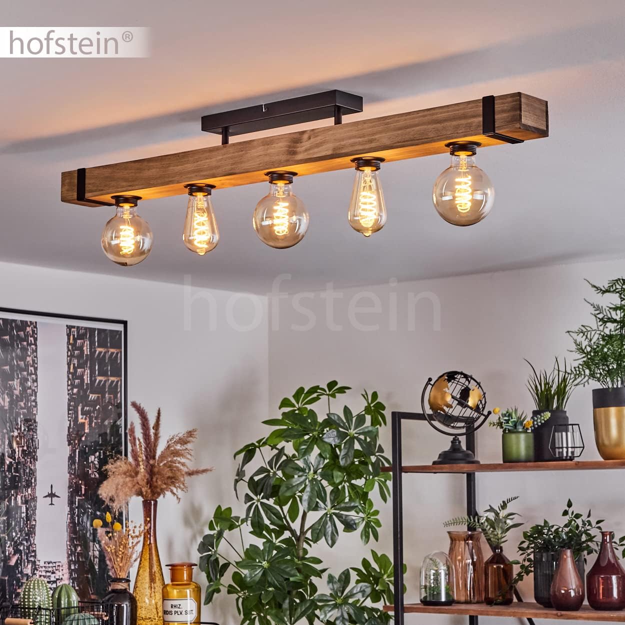 Deckenleuchte Montgomery, moderne Deckenlampe aus Metall/Holz in Schwarz/Natur, Leuchte im skandinavischen Design mit Holzbalken (100 cm), 5-flammig, 5 x E27-Fassung, Wohnzimmer, Küche, Flur, Büro