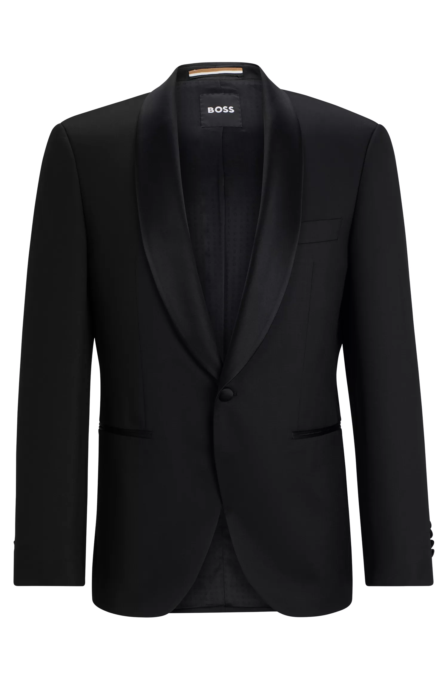 Blazer de smoking BOSS preto, corte regular, em sarja de lã virgem.
