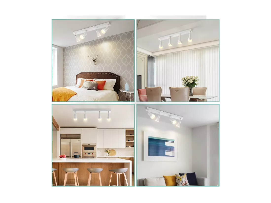 NETTLIFE Plafonnier 4 Spots Blanc : Plafonnier Métal GU10 Spots Pivotant Intérieur pour cuisine bureau salon chambre à coucher, Sans ampoules