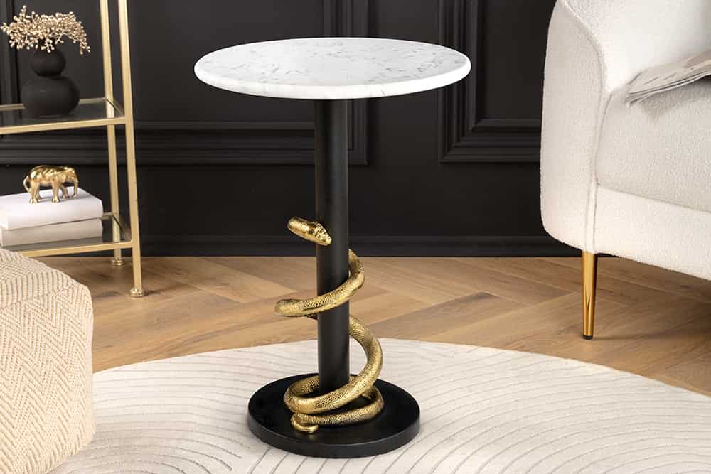 Runder Beistelltisch WILDLIFE SNAKE 55cm weiß Marmor gold schwarz Schlange Skulptur