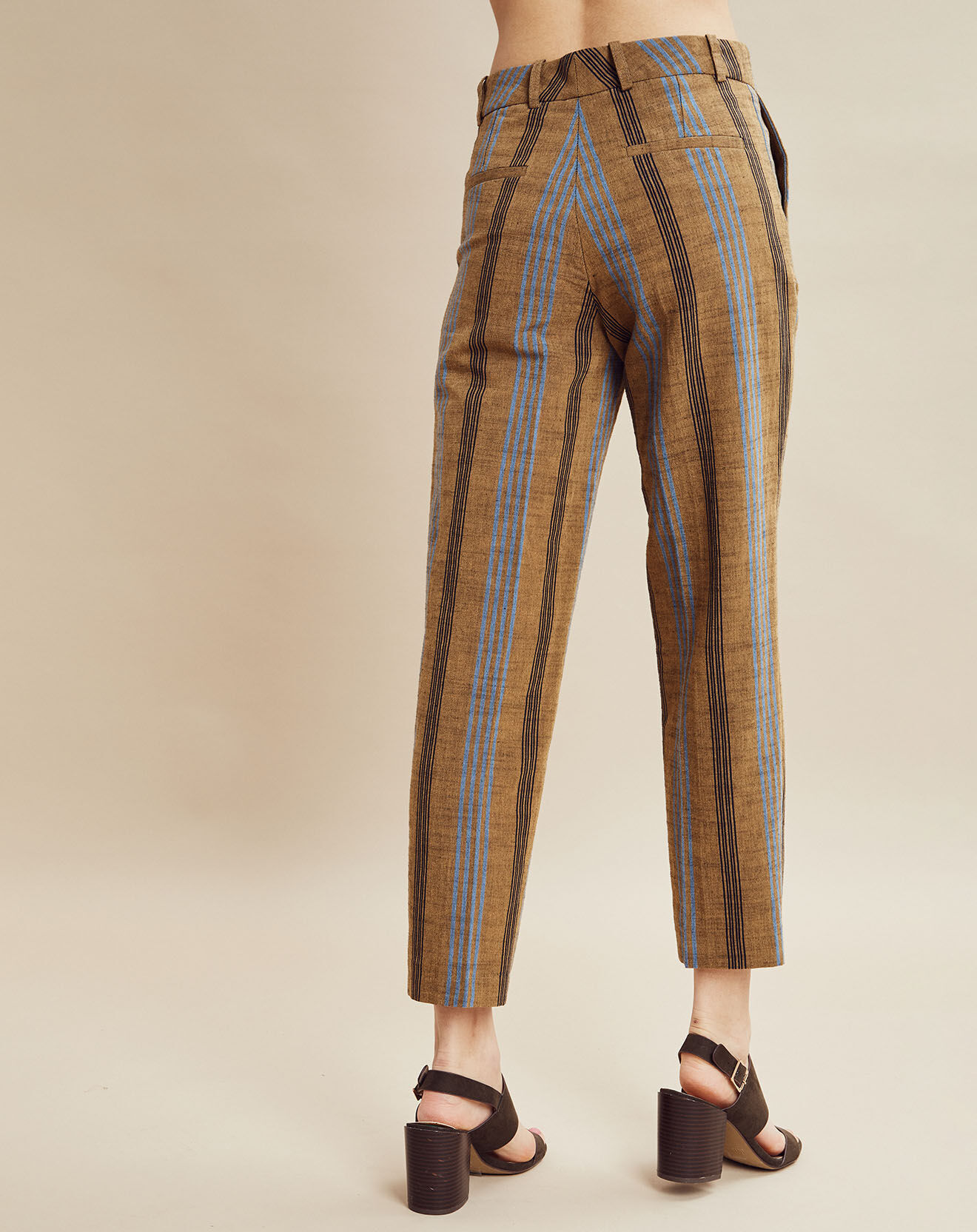 Chloé Stora Pantalon en Coton & Lin rayé Pavel marron