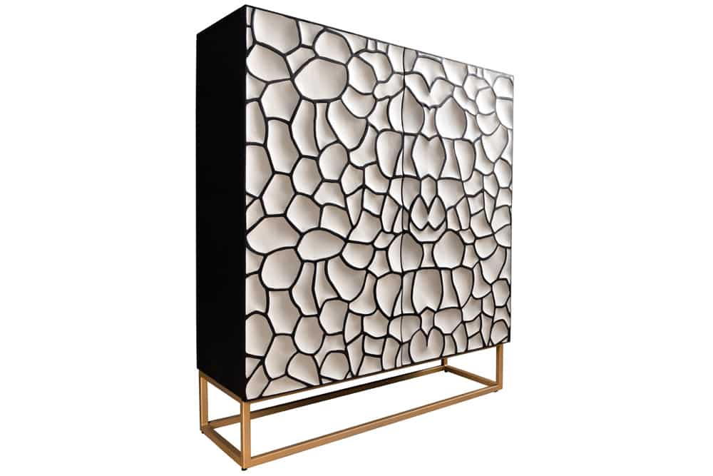 Massivholz Highboard VULCANO 120cm weiß schwarz Mangoholz mit 3D Schnitzereien handmade Metallgestell gold