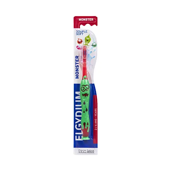 Escova de dentes Elgydium Baby & Child Monster, macia, para bebês e crianças de 2 a 6 anos.