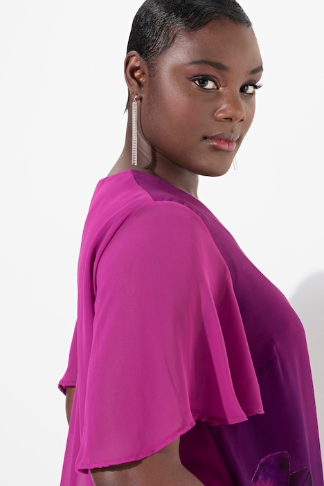 Kleid, Blüten, A-Linie, V-Ausschnitt, Cup-Halbarm